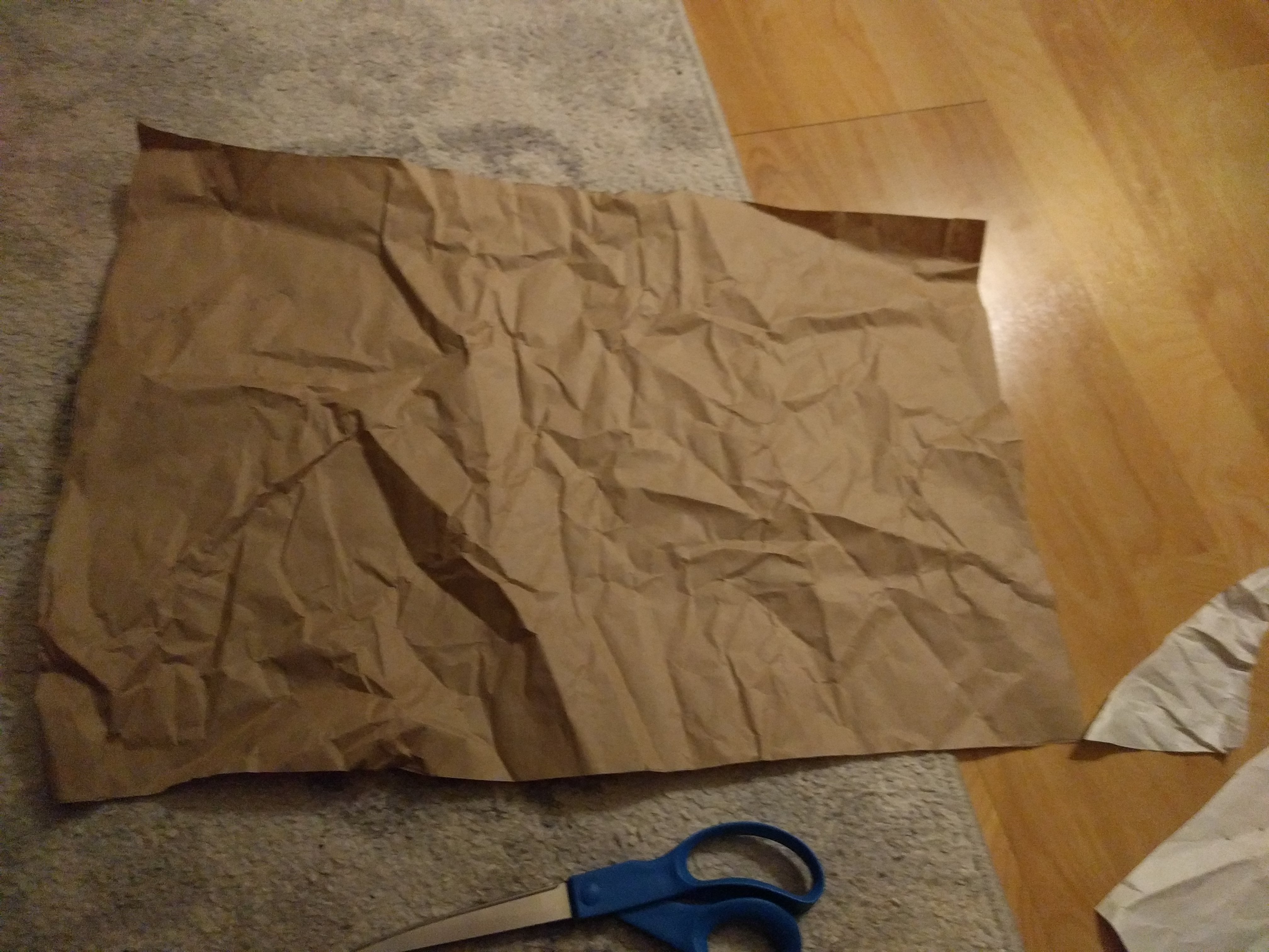 An approximately rectangluar shape cut out of crinkled brown paper, laying on top of a grey rug on a wood floor. A pair of scissors is visible along the bottom edge of the photo